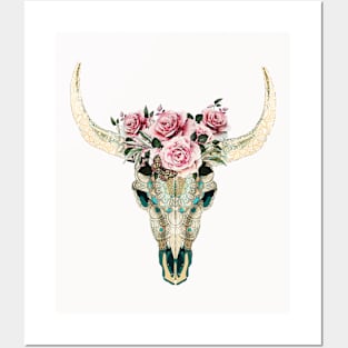 Cow Skull and floral roses crown, boho, bull skull, watercolor style and mandala decorations Posters and Art